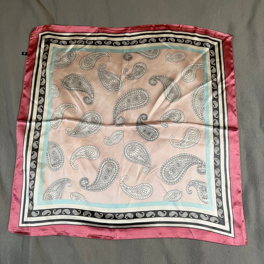 Paisley Print Scarf Pink Black Blue White Border Square Neck Hair Accessory